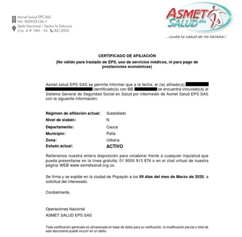 certificado de asmet salud|Descargar certificado de afiliación Asmet Salud EPS